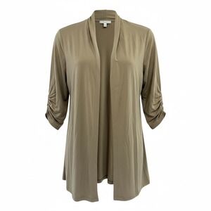 Susan Graver Open Front Cardigan Brown Ruched Sleeve Duster Sz XS (A9)